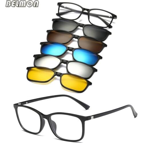 Belmon Spectacle Frame Men Women With 5 Piece Clip On Polarized Sunglasses Magnetic Glasses Male Driving Myopia Optical RS477