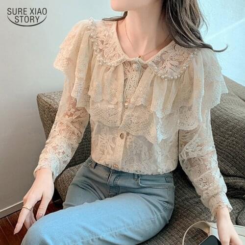 Autumn Apricot Lace Crocheted Hollow Blouses Long-sleeve Peter Pan Collar Button Tops Elegant O-neck Fairy Ruffled Shirts 16992
