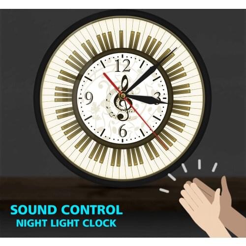 Piano Keyboard Treble Clef Metal Frame LED Wall Art Clock Sound Control Musical Notes Wall Watch Music Studio Decor Pianist Gift