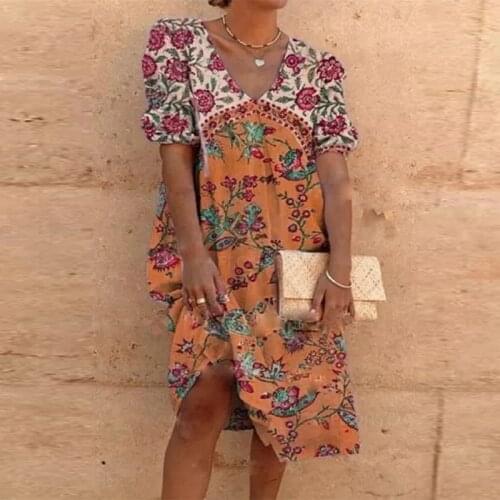 Vintage V Neck Floral Print Dresses Women Spring Elegant Office Lady A-Line Dress Summer Short Sleeve Loose Beach Dress Vestdios