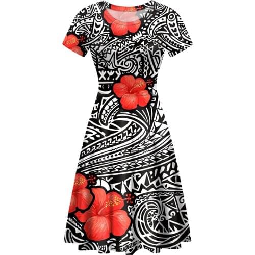 Polynesian Tribal A-line Mini Dress Woman Short Sleeve Beach Dress Woman Basic O-neck Dresses Summer Hawaii Floral Vestidos