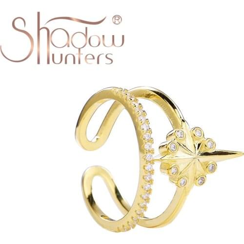 SHADOWHUNTERS New 925 Sterling Silver Two Layers Adjustable Open Rings Spakling Star Ring Gold Color Female Luxury Jewelry Bague
