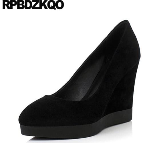White Wedge Shoes Small Size Genuine Leather Ladies Black Fashion 4 34 High Heels Pumps Slip On Pointed Toe Suede 2017 Spring