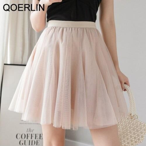 QOERLIN Girly Tutu Skirts Women Sexy Mini Skirt Spring Summer Pleated Solid Pink Mesh Skater Skirt High Elastic Waist Saia Mujer