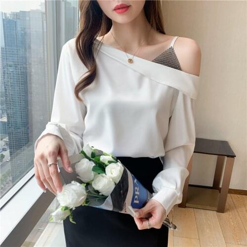 2021 Spring New Sexy off-the-shoulder Collar diamond Splicing Solid Ladies Tops Chiffon Women Shirts Blusas Feminine shirt 692i