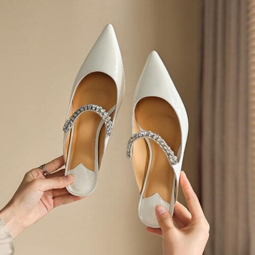 French Stylish Women Mules Shoes Pointed Toe Shallow Prom Stilettos Chic Office Lady Work Pumps Gold Chains High Heels Slippers