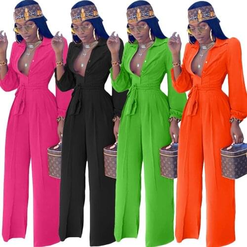 CM.YAYA Women Long Sleeve Button Up With Sashes Straight Office Lady Jumpsuit Streetwear Sexy Club One Piece Overall Rompers