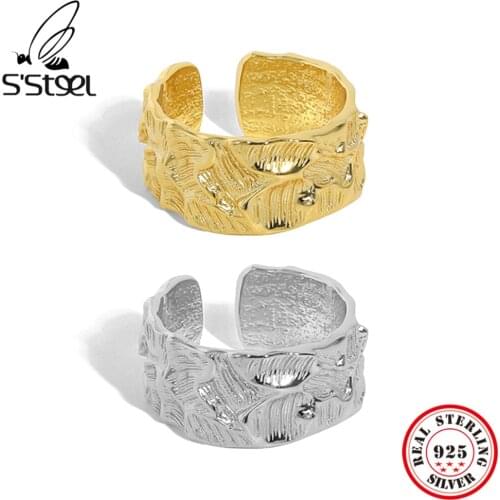SSTEEL Sterling Silver 925 Simple Concave Convex Texture Opening Ring For Women Design Personalized Gothic Adjustable Jewellery