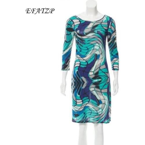 [EFATZP] New Fashion Designer Brand Dress Womens Geometry Printed 3/4 Sleeves Stretch Jersey Silk XL XXL Day Dress