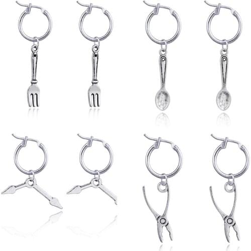 1Pair Punk Metal Color Fork Spoon Pendant Hoop Earrings For Women Men Cute Unique Small Pliers Tool Circle Earring Jewelry E545