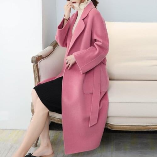 100% cashmere double-sided cashmere coat jacket autumn 2020 elegant female pink long wool coat fashion hepburn wind overcoat