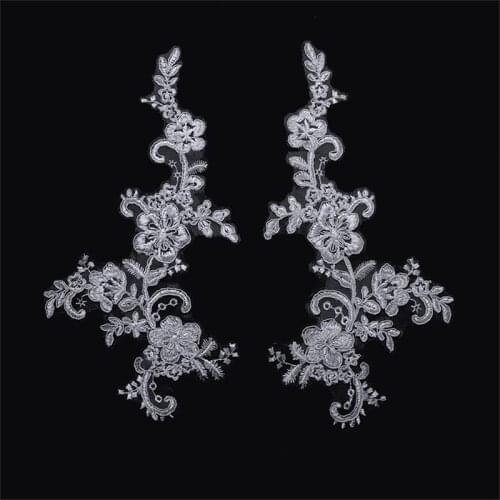 2 Mirror Pair Ivory White Embroidered lace Applique Wedding Dress Accessories DIY Sew Cloth lace Decorative patch 30X16cm BD0680