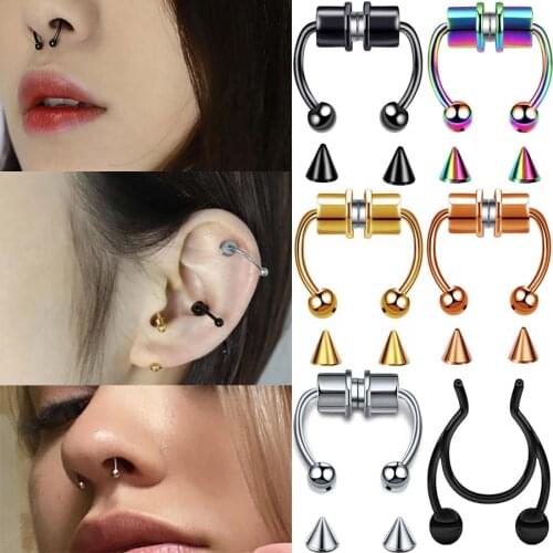 Fake Nose Ring Hoop Nose Septum Rings Stainless Steel Magnet Nose Punk Fake Piercing Body Jewelry Hip Hop Rock Ear clip Jewelry