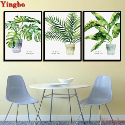 3 Pieces 5d Diy Diamond Painting Cross Stitch Green plant leaves Diamond Embroidery Diamond Mosaic Needlework Nordic Decor Art