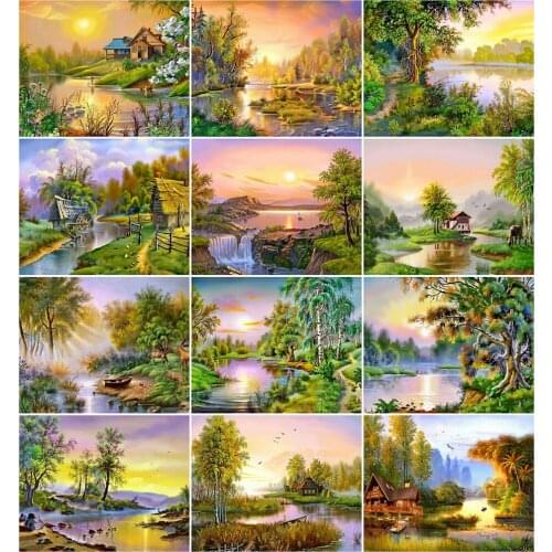AZQSD Adult Oil Painting By Numbers Sunset Landscape 40x50cm Home Decoration DIY Pictures By Numbers House Handpainted Gift