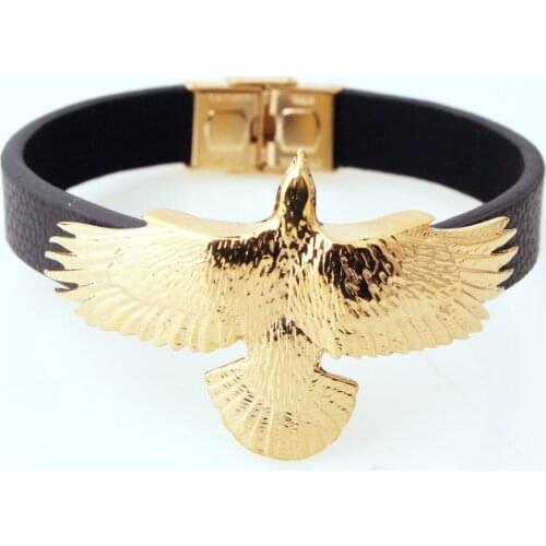 High Quality Stainless Steel Charming Gold 3D Eagle Black Cortex Bracelet Chain Cuff Bangle Mens Boys Punk Wristband Jewelry