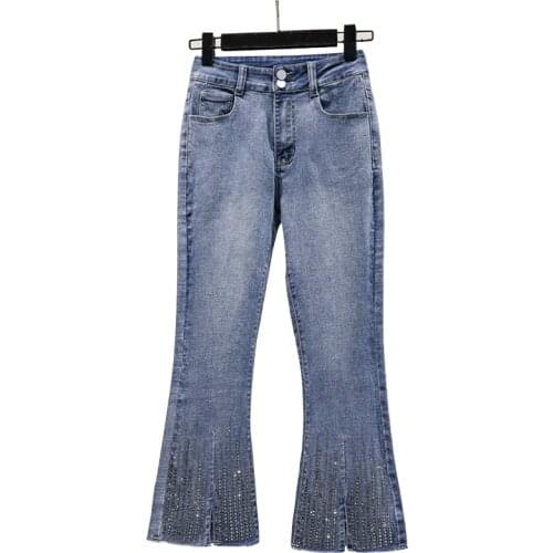 Spring Summer Women Plus Size Denim Stretch Jeans Flare Pants Fashion 5XL Ankle Length Bell Bottom Sequins Trousers For Female