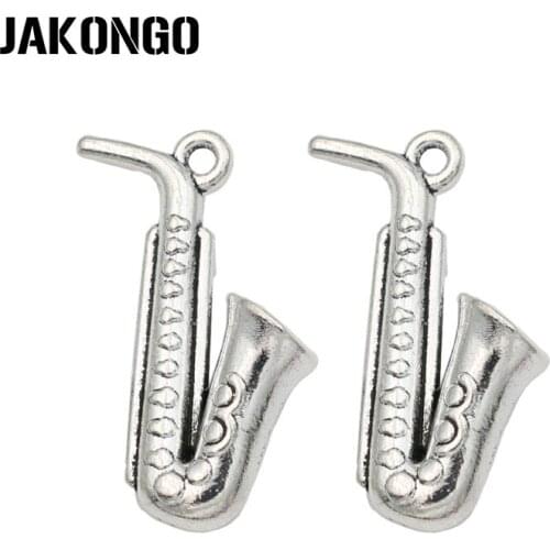 JAKONGO Antique Silver Plated Saxophone Music Charm Pendant for Making Bracelets Jewelry Accessories Craft DIY 26x17mm 8Pcs/lot