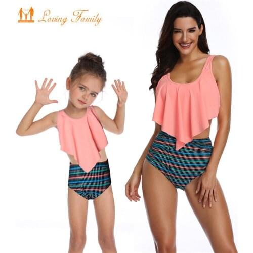 Mommy And Me Swimsuit Mother Daughter Family Look Clothes Pink Striped Swimwear Matching Outfits High Waist Bikini Mom Baby