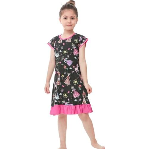 Summer Short Sleeve Printing Flower Night Dress Floral Girl Sleep Wear Elsa Nightgown Girls Pajamas Night Dress