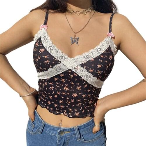 Hot Sale Womens Crop Cami Top Sleeveless V Neck Lace Patchwork Floral Print Slim Fit Camisole Tops Woman Shirt Roupas Feminina