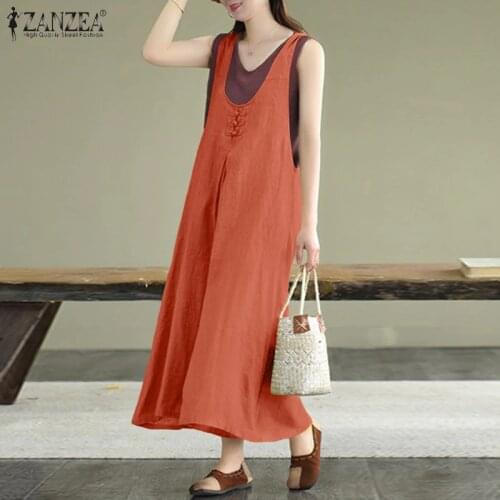 Fashion Solid Tank Overalls Womens Summer Jumpsuits ZANZEA 2021 Casual Dungarees V Neck Rompers Female Button Pants Oversized