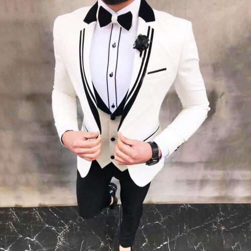 White Suit Men Casual Business Spring Autumn Slim Fits Social Blazer Wedding Groom Costume Made Prom Suit Jacket+Pants+Vest