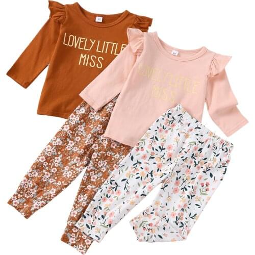 New Autumn Clothes Sets 2pcs Letter Long Sleeve Pullover T Shirts Tops Floral Printed Pants Outfit