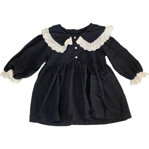 Girls Princess Dresses Spring Autumn Girl Kids Solid Clothes Korean Fashion Children Long Sleeve Lace Collar Vestidos Casual