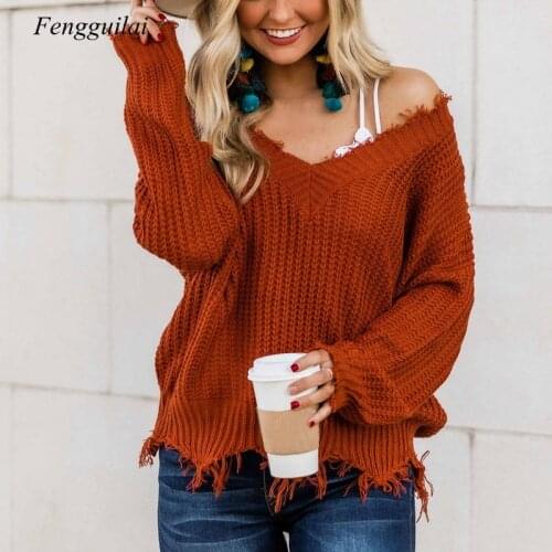 Shoulder Autumn Sweater For Women Fringe Distressed Knitted Tassel Sweater Female Tops Long Sleeve Pullover Sweaters