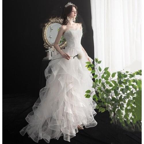 Bride Wedding Dress Princess Skirt New Short Front And Back Long Tail Strapless Photo Studio Small Skirt Wedding Gown