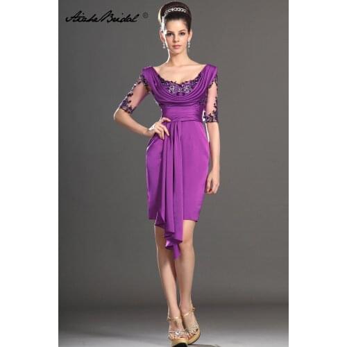 Gorgeous half Sleeve Knee Length Black Applique Purple Satin Mother of the Bride Dress Tank Short Formal Womens Dress