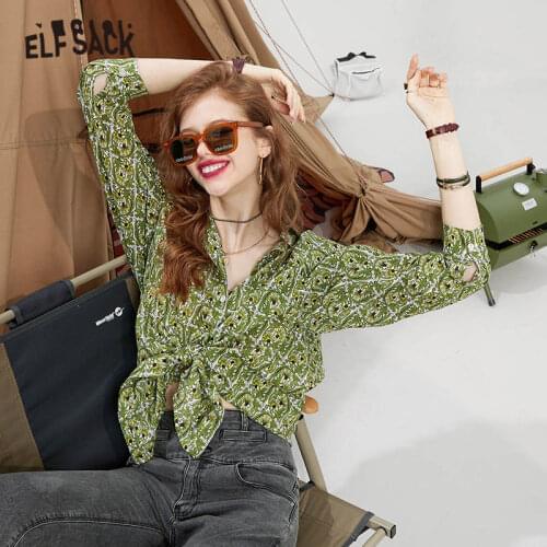 ELFSACK Green Graphic Single Breasted Casual Shirt Women,2021 Autumn Vintage Full Sleeve,Korean Ladies Basic Daily Cool Top