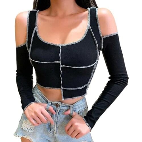 Women Autumn And Winter Tshirt New Irregular Slim-fitting Hollow Strapless Long-sleeved Tee