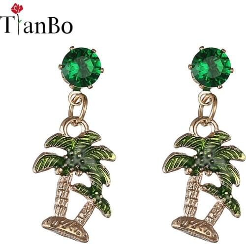 TianBo Holiday Style Palm Tree Cristal Stud Earrings Long Rhinestone Green Coconut Tree Earrings For Women Pendants Earring
