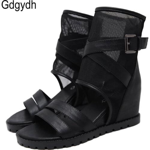 Gdgydh Ankle Strap Sandals Woman Wedge Air Mesh Punk Shoes Black Summer Sandal Shoes For Women Casual Shoes 2021 Good Quality