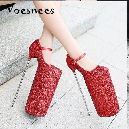 Voesnees Womens Shoes 2020 Fashion Waterproof Platform Round Toe High Heels 30cm Sexy Sequins Plus Size Stiletto Womans Pumps