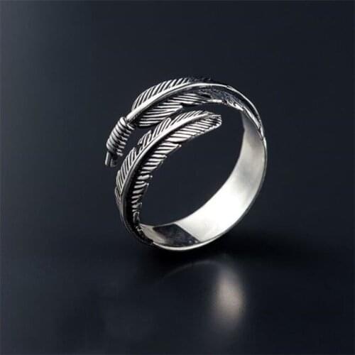 Season Gate Sterling Silver Retro Personality Thai Silver Feather Adjustable Size Open Ring for Women Girls SR019