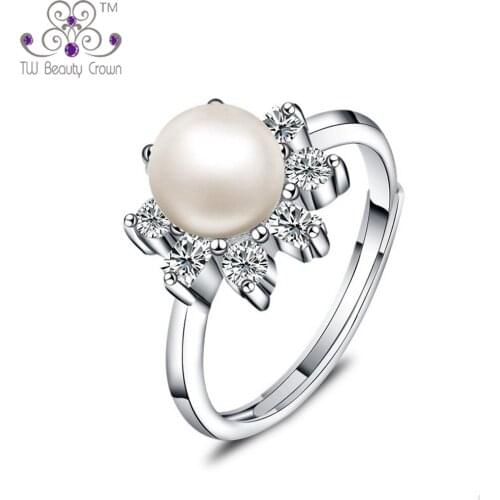 2017 New Real 925 Pure Silver Vintage White Natural Freshwater Pearls Sun Flower Ring For Women Fashion Engagement Party Jewelry