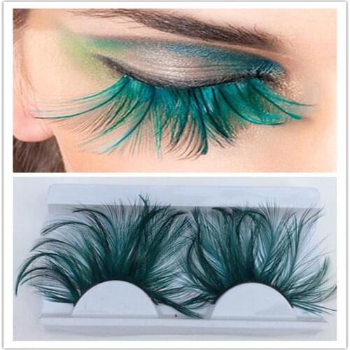 1 pairs Dark green feather 3D thick winged natural long false eyelashes exaggeration stage false eye lashes makeup tool YM117
