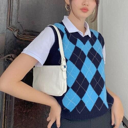 2020 fall e-girl rhombus sweater vest women jumper sleeveless pullover knitted vests women y2k Preppy style Crop Top y2k top