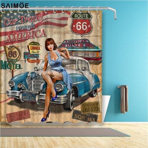 Car Motel Route 66 Fabric Shower Curtain Set Waterproof Bathroom Accessories