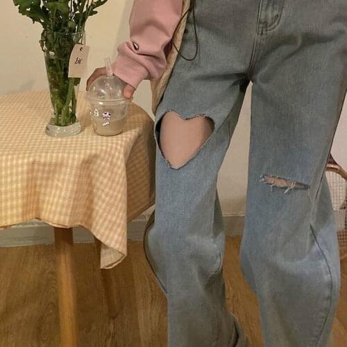 Harajuku 2021 Streetwear Heart Shaped Hole Jeans for Women High Waist Mom Jeans Vintage Black Denim Pant Full Length Indie Jeans