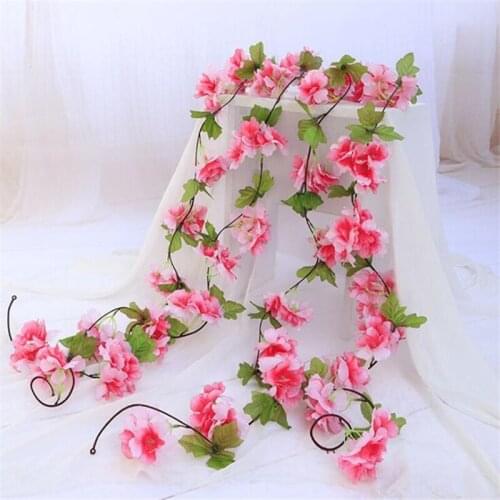 Home Party Decor Fake Plant Simulation Cherry Blossom Vine Sakura Garland Wreath Hanging Plant Flower Garden Decoration