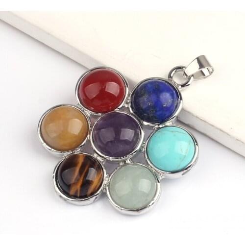 KFT Trendy Silver Plated Natural 7 Chakra Stone Beads Healing Crystal Flower of Life Pendant Fashion Women Men Jewelry