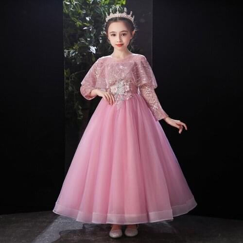 Flower Girl Dress Illusion Appliques Sequined O-Neck Luxury Embroidery Princess Floor-Length Tulle Lace Full Kid Party Gown H254