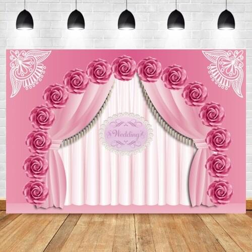 Laeacco Rose Flower Wedding Backgrounds Pink Curtain Bride Photographic Backdrop Customized Poster Photocall Banner Photo Studio