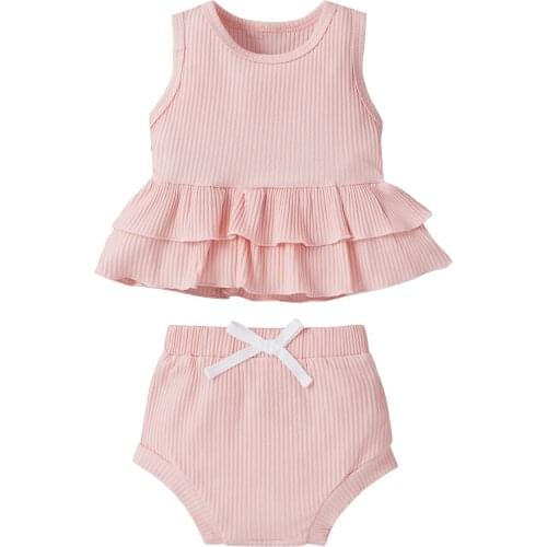 2Pcs Baby Girl Summer Outfits Solid Color Sleeveless Ruffle Tank Tops + Bow Shorts Set Clothes 0-24M