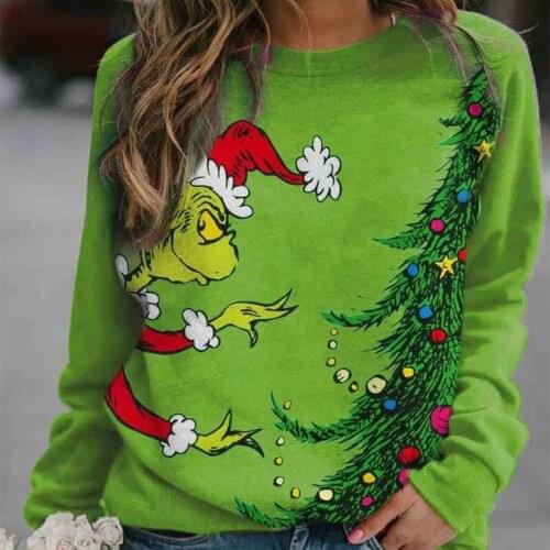Autumn Women Funny Grinch Print Sweatshirt Casual Letter Long Sleeve O Neck Christmas Oversized Pullover Tops Tees Hoody