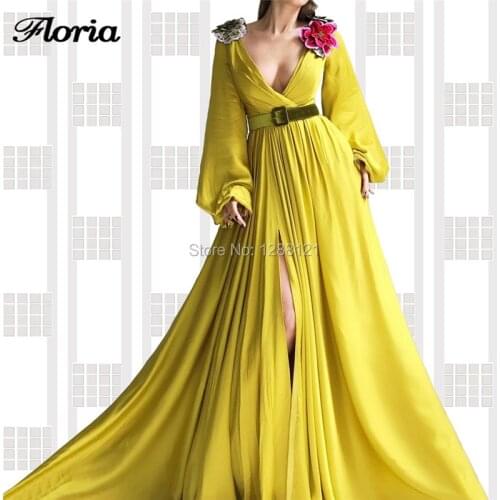 Embroidery V Neck Evening Dresses 2019 New Dubai Couture Split Side Party Gowns Formal Saudi Arabic Party Gowns Robe De Soiree